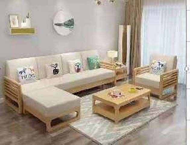 Light Wood Slatted Arm Off-White Fabric L-Shaped Sectional Sofa Set with Matching Armchair