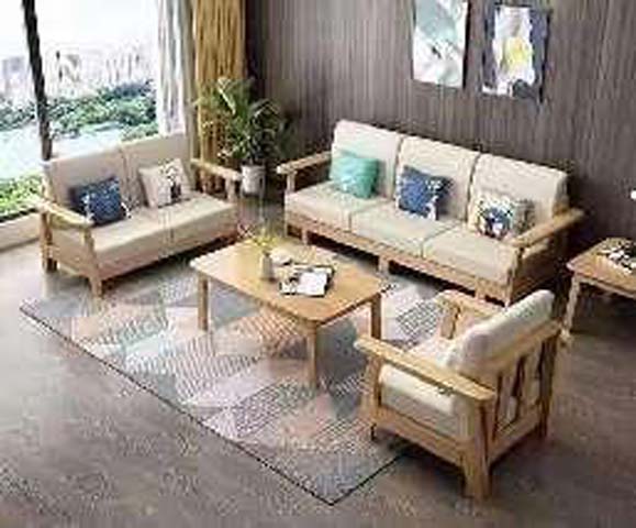 3-Piece Light Natural Wood Frame Beige Fabric Living Room Sofa Set with Coffee Table