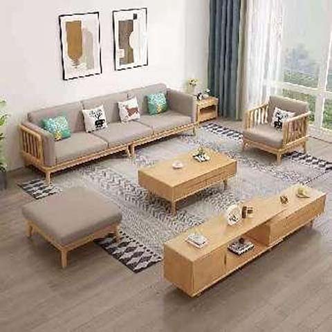 Light Wood Slatted Frame Grey Fabric 6-Piece Living Room Set