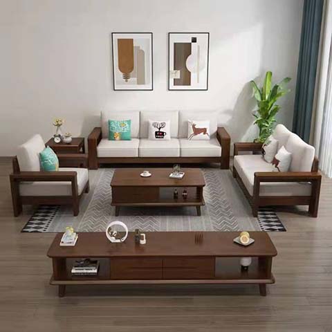 Modern Chinese Walnut Solid Wood 1+2+3 Seater Fabric Living Room Sofa Set with Storage Coffee Tables and Side Table