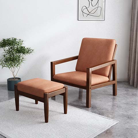 Mid-Century Modern Walnut-Tone Wood Frame Lounge Armchair with Matching Ottoman, Terracotta Upholstery
