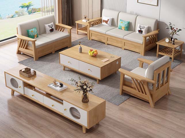 Nordic Light Solid Wood Fabric Living Room Sofa Set with Matching Storage Tables