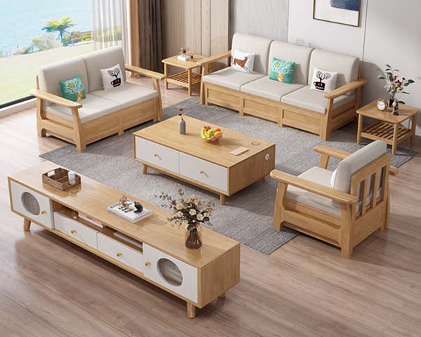 7-Piece Scandinavian Light Wood Fabric Living Room Set