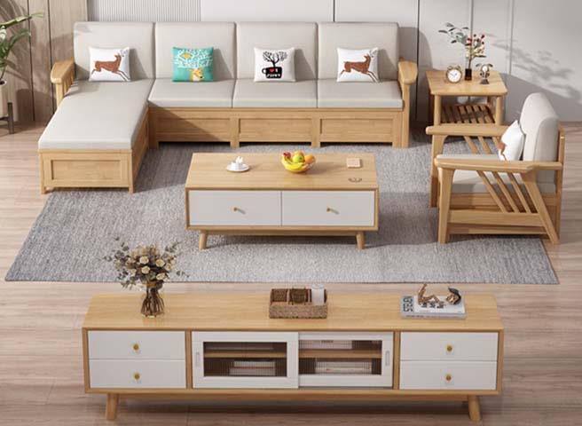 Two-Tone Light Oak and White TV Media Console with Glass Doors and Drawers