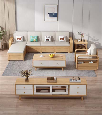 L-Shaped Solid Wood Frame Storage Sectional Sofa Set