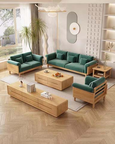 1+2+3 Seater Japandi Style Light Oak Frame Green Velvet Upholstered Living Room Sofa Set