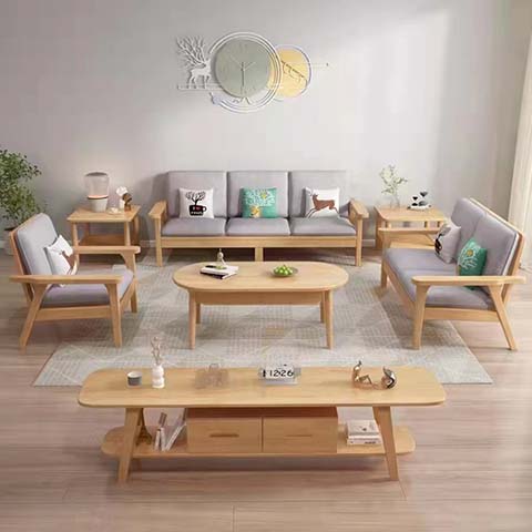 Scandinavian Natural Solid Wood Grey Fabric Living Room Sofa Set with Matching Tables