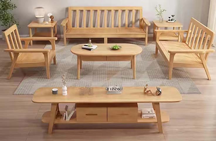 Nordic Light Natural Solid Wood 7-Piece Living Room Furniture Set