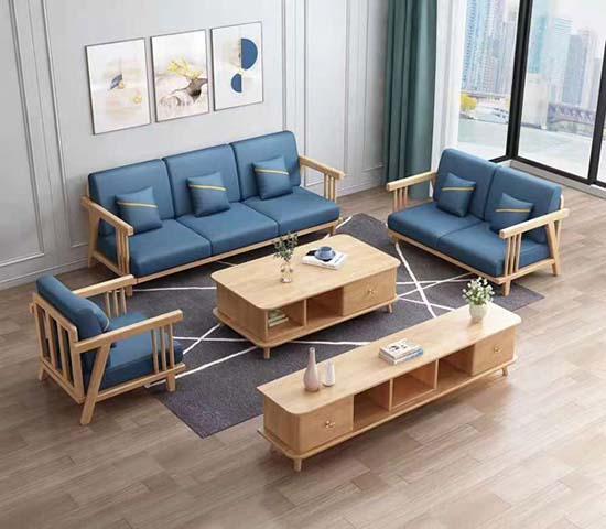 Solid Wood Frame Blue Fabric Living Room Set (3-Seat Sofa, 2-Seat Loveseat, Armchair, Coffee Table, TV Stand)