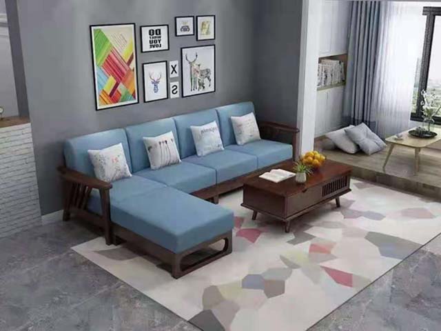 Light Blue Fabric L-Shaped Sectional Sofa with Solid Wood Frame, Left Chaise