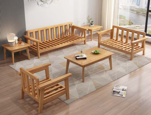 Light Natural Solid Wood 6-Piece Living Room Set with Slatted Seating and Tables