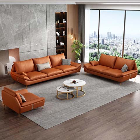 Modern Light Luxury Orange Upholstered Living Room Sofa Set with Gold Metal Legs