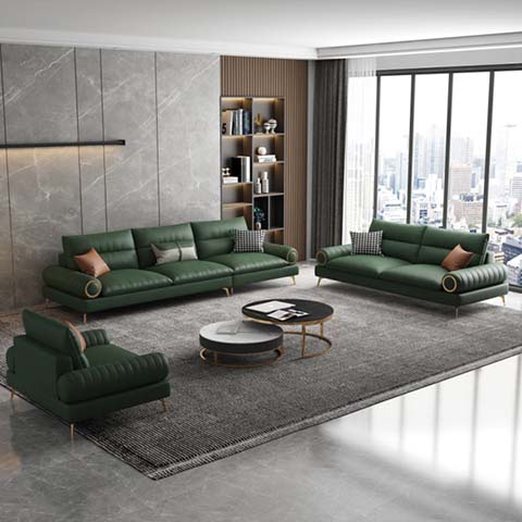 Dark Green Upholstered Living Room Sofa Set with Gold Accents & Nested Coffee Tables