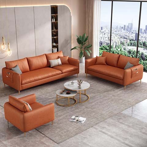 Modern Cognac Faux Leather 3+2+1 Living Room Sofa Set with Gold Legs