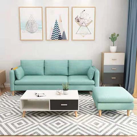 Mint Turquoise Fabric 3-Seat Sectional Sofa Set with Movable Ottoman, White Lift-Top Coffee Table, and Tri-Tone 3-Drawer Accent Chest