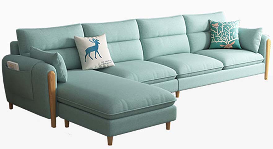 Light Teal Fabric L-Shaped Sectional Sofa with Left Chaise and Wood Arm Caps