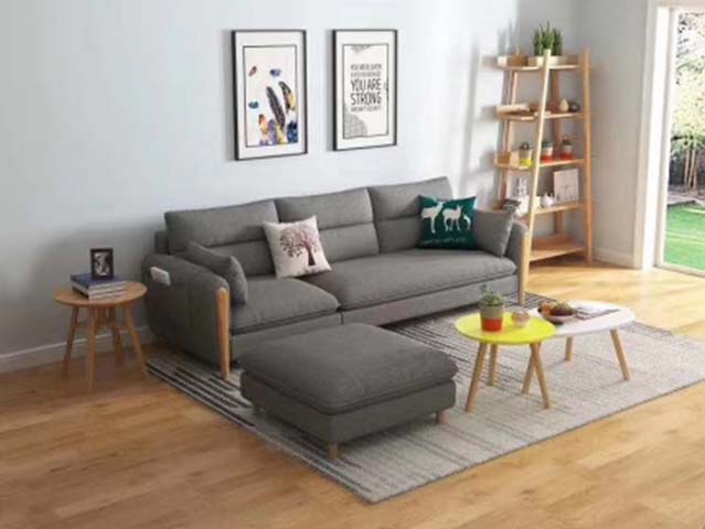 Grey Woven Fabric 3-Seater Sectional Sofa with Matching Ottoman and Light Wood Accents