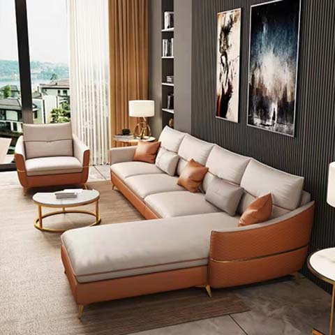 Two-Tone Curved Right Chaise L-Shaped Sectional Sofa with Gold Metal Legs
