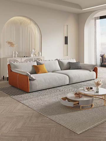 Light Gray Performance Fabric L-Shaped Chaise Sectional Sofa with Tan Faux Leather Arm Panels