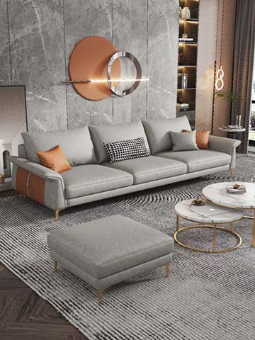Light Gray Three-Seat Upholstered Sofa with Orange Accent Panels and Gold Metal Legs