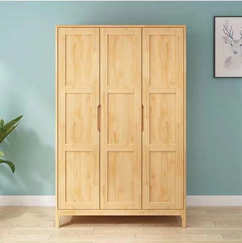 Light Natural Solid Wood 3-Door Freestanding Hinged Wardrobe