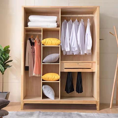 Light Natural Wood Freestanding Open Wardrobe with Dual Hanging Zones, Central Shelves and Drawer