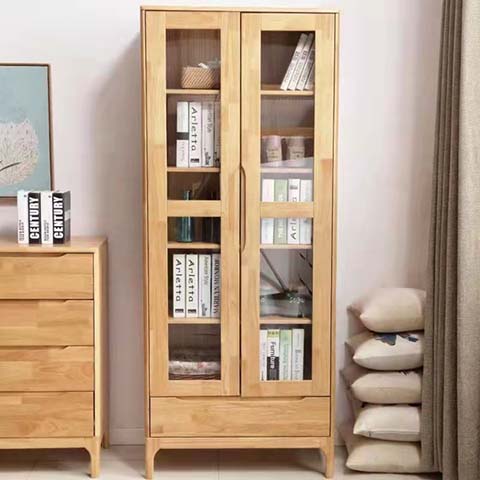 Scandinavian Light Oak Two-Door Glass-Front Bookcase with Bottom Drawer