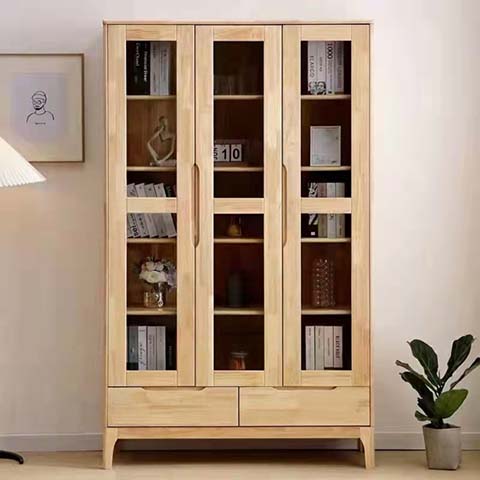 3-Door Glass Front Solid Wood Display Bookcase with 2 Lower Drawers