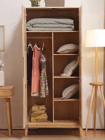 Light Natural Wood Freestanding Two-Door Hinged Wardrobe with Mixed Hanging and Shelf Storage