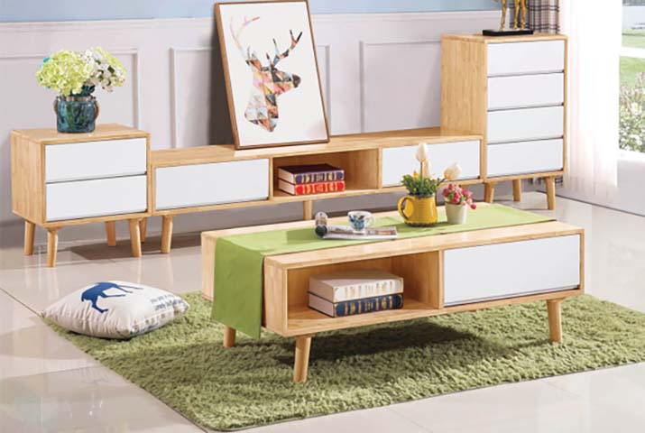 Nordic Light Wood & White 4-Piece Living Room Set (TV Console, 2 Side Chests, Coffee Table)