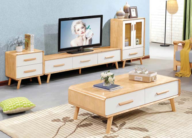 Nordic Light Wood & White 4-Piece Living Room Media Furniture Set