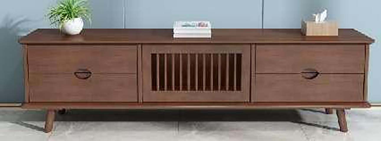 Mid-Century Walnut Brown Slatted-Door TV Media Console with Four Drawers
