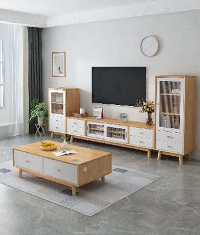 Two-Tone Light Oak and White TV Media Console with Glass Doors and Drawers