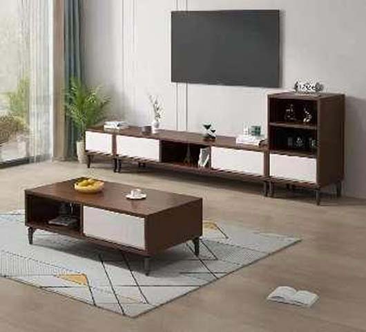 3-Piece Walnut-White Living Room Storage Set (Coffee Table, Extendable TV Stand, Side Display Cabinet)