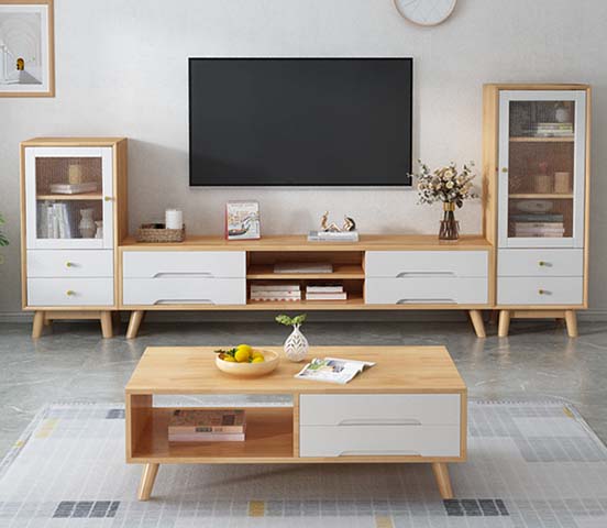 4-Piece Modern Nordic Light Wood Living Room Set: Matching TV Console, Side Display Cabinets and Coffee Table