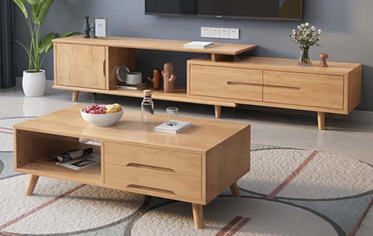 Scandinavian Style Extendable Solid Wood TV Console & Coffee Table Living Room Set