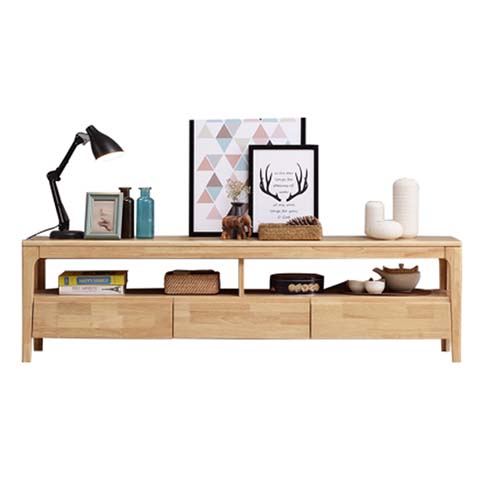 Natural Light Wood 3-Drawer Low TV Media Console with Open Shelving