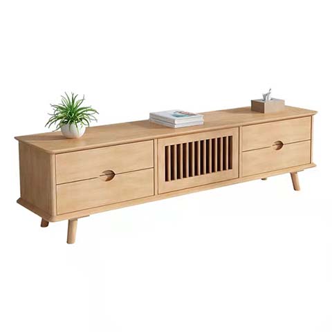 Scandinavian Light Oak Wooden TV Stand with Slatted Door and 4 Drawers