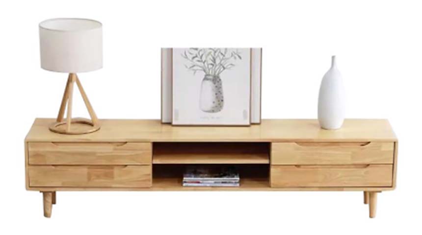 Scandinavian Natural Solid Wood TV Media Console with Drawers and Open Shelves
