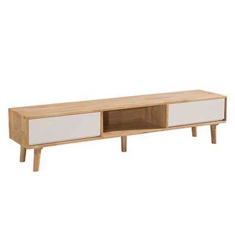 Nordic Natural Oak-Tone TV Media Console with Off-White Drawers and Central Open Shelf