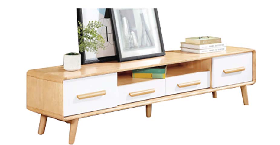 Nordic Two-Tone Light Wood and White Low-Profile TV Media Console with Drawers and Open Shelf