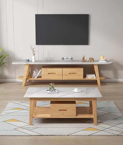 Scandinavian Light Wood Faux Marble Top TV Media Console with 2 Drawers and Open Shelf