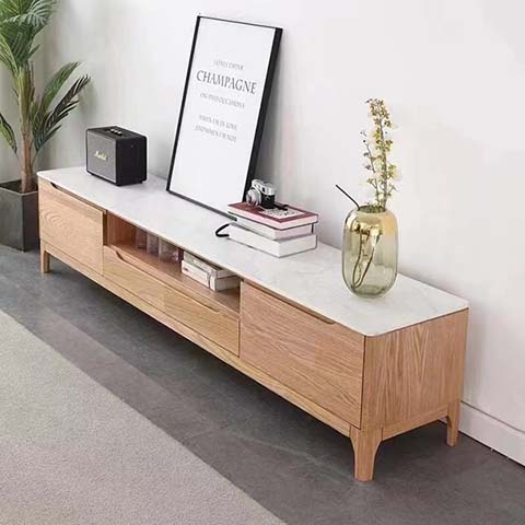 Scandinavian Low-Profile TV Media Console with White Stone Top and Mixed Storage