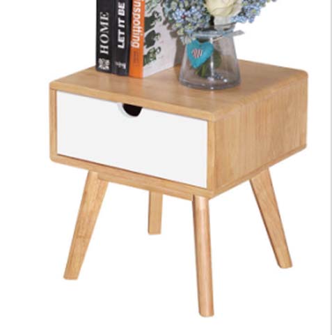 Mid-Century Modern Single-Drawer Nightstand, Light Oak Frame with White Drawer Front