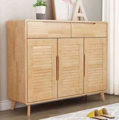 Natural Wood Louvered 3-Door 2-Drawer Elevated-Leg Entryway Shoe Cabinet