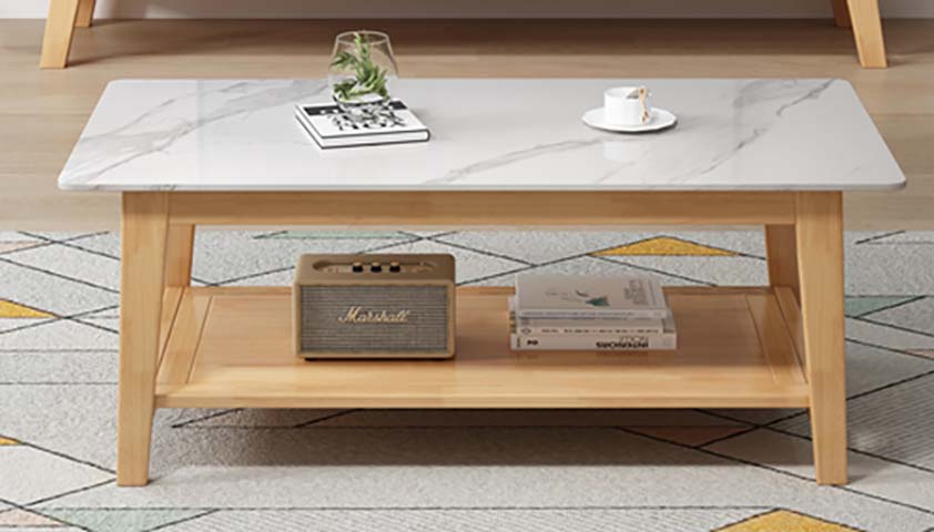 Two-Tier Rectangular Coffee Table with Faux Marble Top and Solid Wood Frame