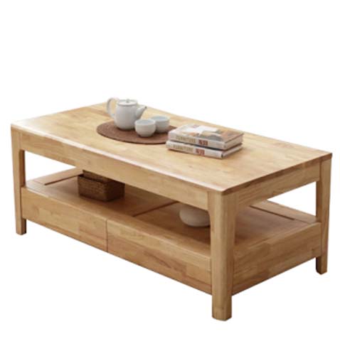 Natural Solid Wood Rectangular Double-Tier Coffee Table with 2 Front Drawers and Open Lower Shelf