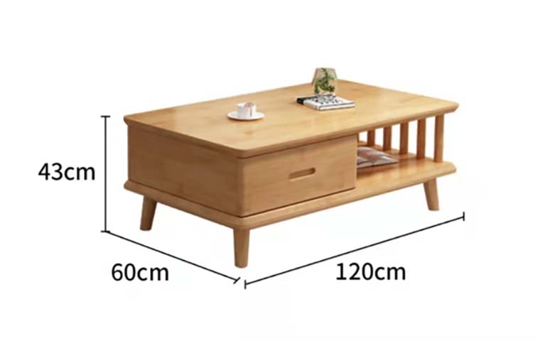 Nordic Style Light Wood Two-Tier Coffee Table with Single Drawer and Slatted Open Shelf