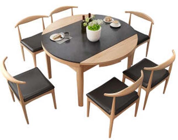 Nordic 6-Seater Extendable Round Dining Table Set with Black Upholstered C-Back Chairs