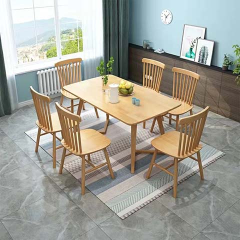 Nordic Natural Oak Rectangular 6-Seater Solid Wood Dining Table Set with 6 Spindle-Back Chairs